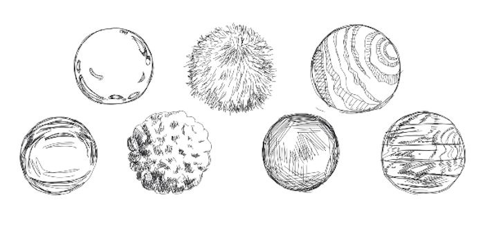 Planaball concept sketch: desk form with columns, visual tokens, tactile balls, and travel mode